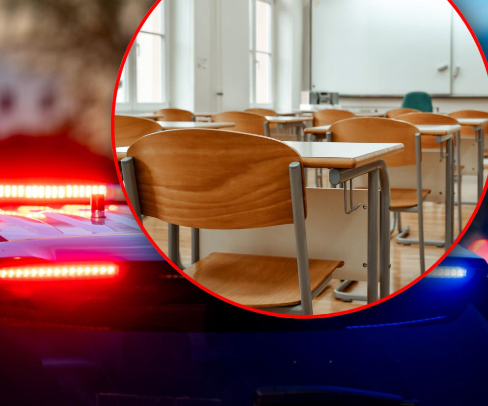 Radiowóz policyjny na sygnale. Na miniaturze obok widać pustą klasę lekcyjną. O bezpieczeństwie w szkołach czytaj w Eska.