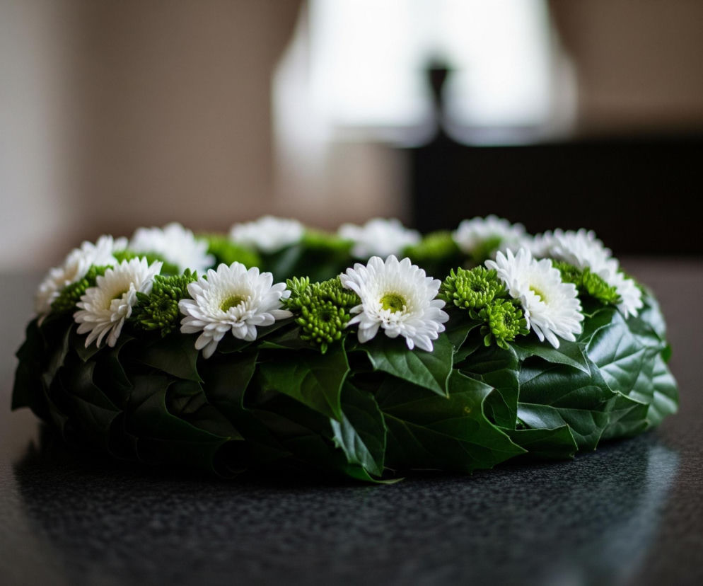 Centralnie leży wianek z białych kwiatów i zielonych liści na ciemnoszarym, lekko błyszczącym blacie. Kwiaty o białych płatkach i jasnozielonych środkach są ułożone naprzemiennie z pąkami w kolorze intensywnej zieleni. Całość wianka opleciona jest ciemnozielonymi, lśniącymi liśćmi tworzącymi solidną podstawę. Tło jest rozmyte, ukazując jasne światło wpadające z okna oraz ciemniejsze, nieokreślone kształty mebli w oddali.