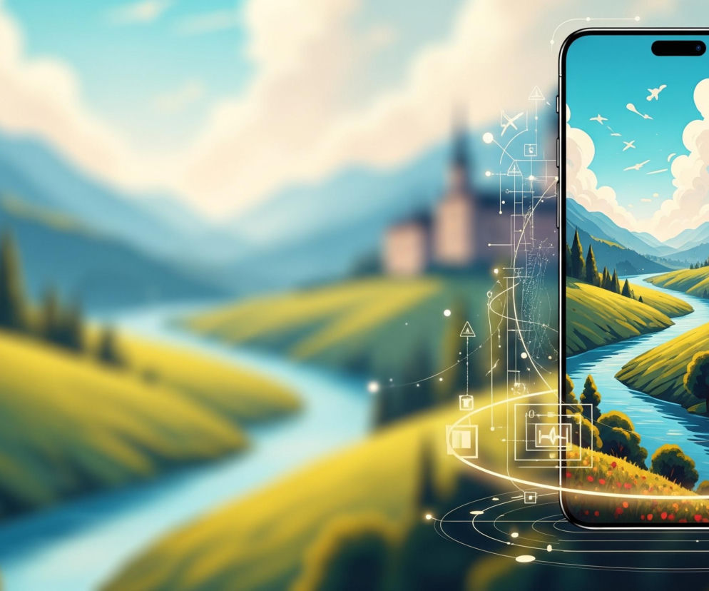 Głównym obiektem jest pionowy smartfon z wyświetlonym na ekranie krajobrazem, otoczony siecią cienkich, świecących linii i symboli. Na ekranie smartfona widać błękitne niebo z białymi chmurami i latającymi ptakami, oraz zieloną dolinę z wijącą się rzeką, po której brzegach rosną drzewa i rośliny, a w tle stoi budynek z dwoma wieżami. Za smartfonem rozciąga się rozmyty, surrealistyczny krajobraz utrzymany w podobnej kolorystyce, z zielonymi wzgórzami, błękitną rzeką i odległym budynkiem z wieżami, sugerujący, że obraz w telefonie to wyostrzona wersja tła.