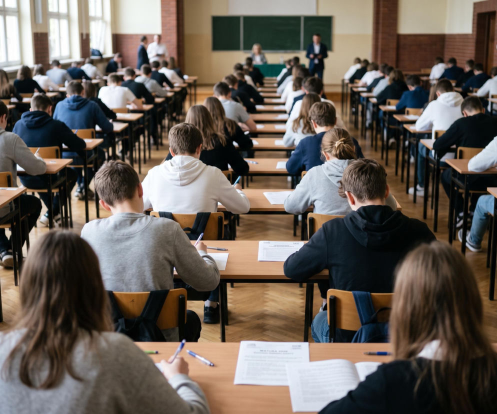 Uczniowie piszący maturę w dużej sali lekcyjnej. O wynikach egzaminów w Poznaniu przeczytasz na SE.