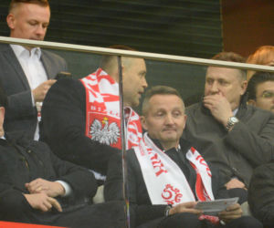 Karol Nawrocki na meczu Polska - Albania