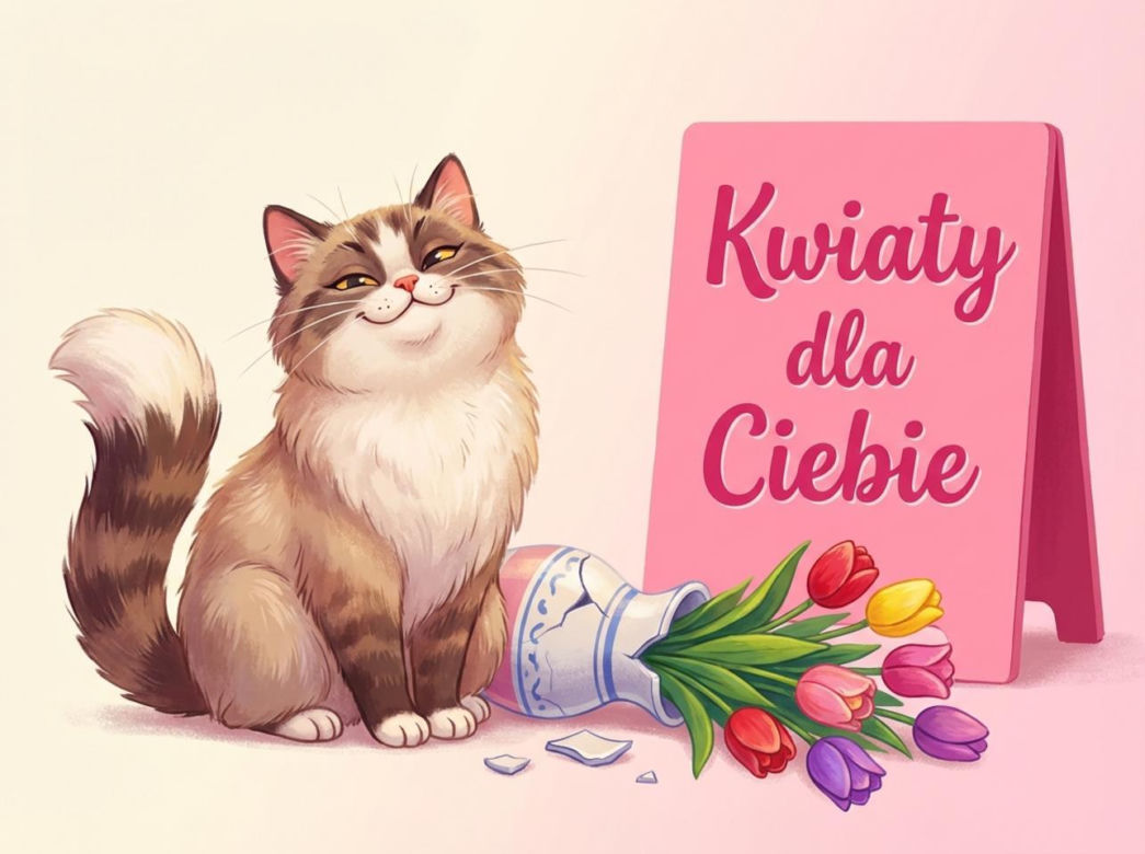 Zabawny kot z kwiatami na Dzień Kobiet