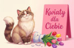 Zabawny kot z kwiatami na Dzień Kobiet