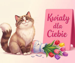 Zabawny kot z kwiatami na Dzień Kobiet