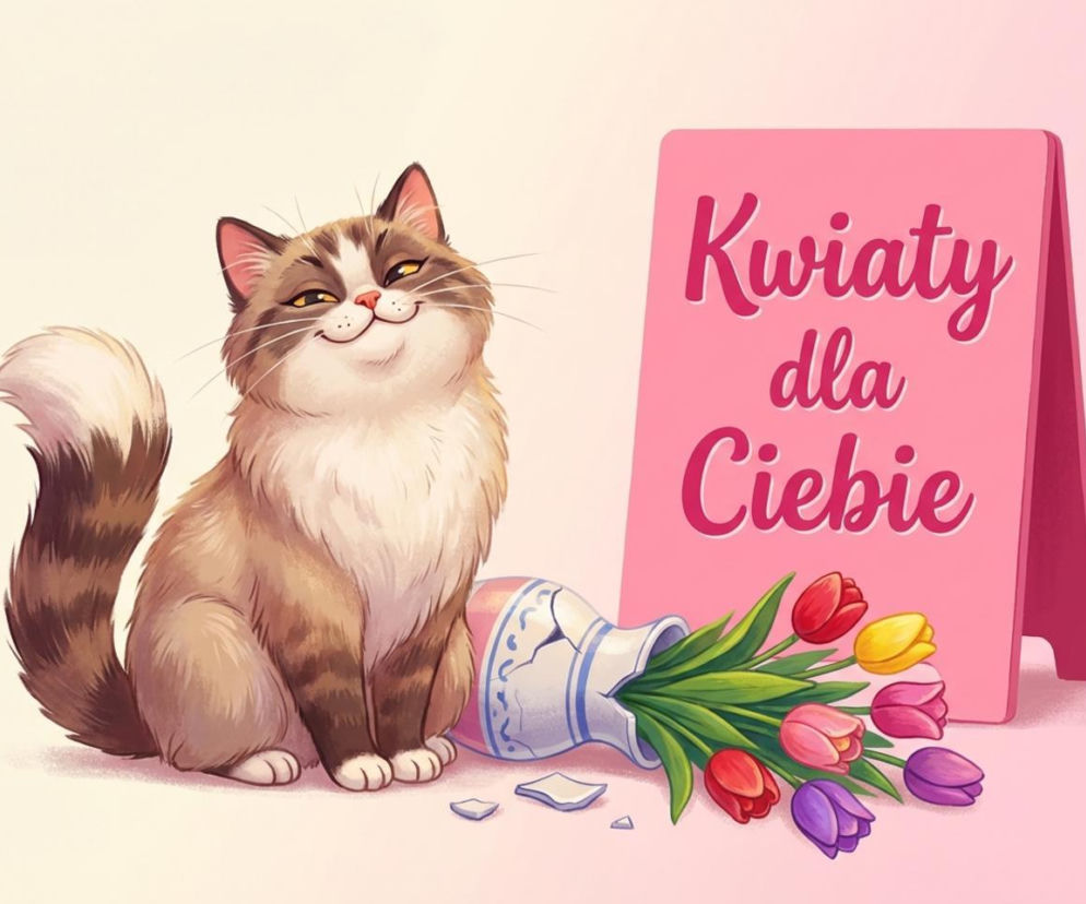 Zabawny kot z kwiatami na Dzień Kobiet