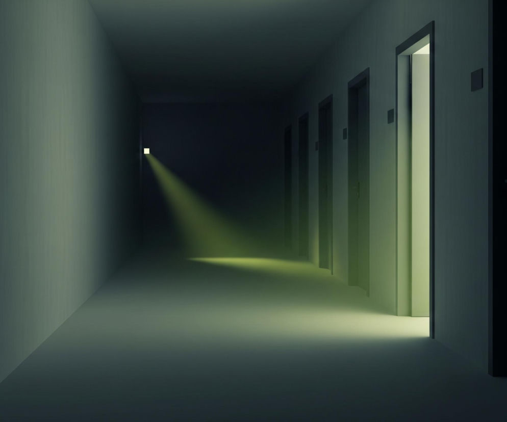Długi, ciemny korytarz rozciąga się w głąb obrazu, z czterema zamkniętymi drzwiami po prawej stronie, a jedne drzwi na samym końcu korytarza są otwarte, emitując jasne, żółto-zielone światło. To światło rozświetla podłogę i lewą ścianę korytarza, tworząc kontrast z ciemnymi, szaro-granatowymi odcieniami dominującymi w pozostałej części przestrzeni. Jedne drzwi najbliżej widza po prawej stronie są również uchylone, z wyraźnym światłem wydobywającym się zza nich.
