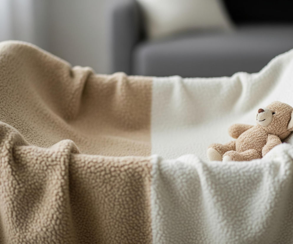 Pluszowy, beżowy miś leży na prawym skraju miękkiego, dwukolorowego koca, który wypełnia większą część kadru. Koc jest beżowy po lewej stronie i kremowy po prawej, oba kolory są miękkie i wyglądają na puszyste. Tło jest rozmyte, ukazując szarą kanapę i jaśniejszą ścianę, co tworzy spokojną i przytulną atmosferę.