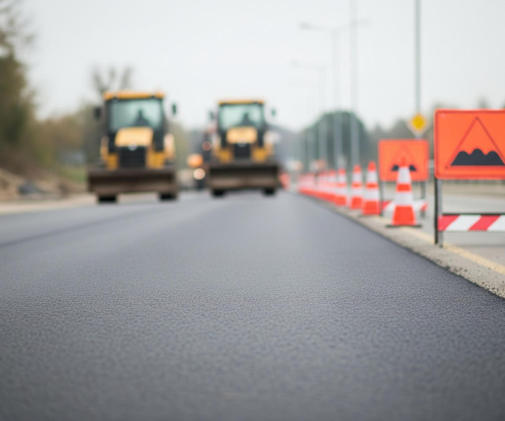 Nowo położona, ciemnoszara nawierzchnia asfaltowa dominuje pierwszy plan, z wyraźnie widoczną teksturą. Wzdłuż prawej krawędzi drogi ustawiono rząd pomarańczowo-białych pachołków drogowych i pomarańczowych znaków ostrzegawczych z czarnym symbolem nierównej nawierzchni. W oddali, po lewej stronie drogi, widoczna jest pomarańczowa ciężarówka wywrotka, a dalej dwa rozmyte, żółte pojazdy budowlane, prawdopodobnie spychacze. Tło stanowi rozmyty krajobraz z zielonymi drzewami i szarym, zachmurzonym niebem.