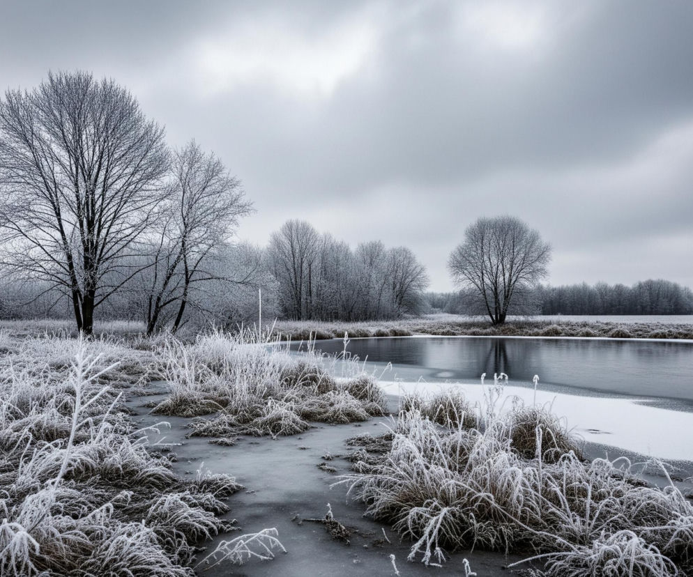 Zimowy krajobraz przedstawia zamarznięty akwen wodny z częściowo pokrytymi śniegiem brzegami oraz usianymi szronem drzewami i trawami. Dominują tu szarości, biel i odcienie brązu. Bezlistne drzewa, ich gałęzie pokryte cienką warstwą szronu, rozciągają się wzdłuż linii horyzontu i w tle, a na pierwszym planie widoczne są kępy zwiędłych traw, również oprószonych szronem i częściowo uwięzionych w cienkiej warstwie lodu. Ponad wszystkim rozciąga się zachmurzone, szare niebo.