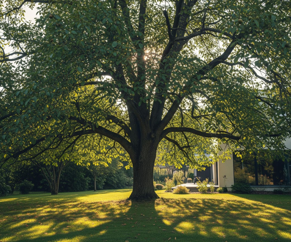 Centralną część obrazu zajmuje rozłożyste drzewo o gęstej, zielonej koronie, przez którą przedziera się światło słoneczne, tworząc promienie i jasne punkty na liściach. Pien drzewa jest gruby i ciemnobrązowy, a jego rozległe konary rozciągają się horyzontalnie. Pod drzewem, na jasnozielonym trawniku, widoczne są długie, ciemne cienie rzucane przez jego konary i liście, przeplatane pasmami słonecznego światła.

Po prawej stronie zdjęcia znajduje się fragment nowoczesnego budynku o jasnych ścianach i dużych, odbijających światło oknach. W tle po lewej stronie widać bujną, ciemnozieloną roślinność, składającą się z krzewów i mniejszych drzew, natomiast po prawej, za trawnikiem, znajdują się krzewy ozdobne oraz drewniana palisada. Ogólny nastrój obrazu jest spokojny i słoneczny, z dominacją zieleni i ciepłych barw światła.