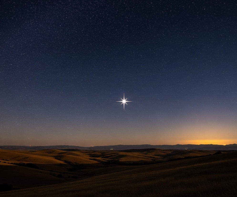 Centralnym punktem obrazu jest duża, jasna, biała gwiazda z ośmioma promieniami, umieszczona na środku ciemnoniebieskiego nieba, gęsto usianego mniejszymi, białymi punktami gwiazd. Poniżej rozciąga się pagórkowaty krajobraz z miękkimi, zaokrąglonymi wzniesieniami pokrytymi brązową, suchą trawą, częściowo oświetloną od prawej strony obrazu, gdzie widoczna jest pomarańczowo-żółta łuna światła wzdłuż horyzontu. Horyzont tworzy linię ciemnych pasm wzgórz lub gór, przechodzącą przez całą szerokość obrazu.