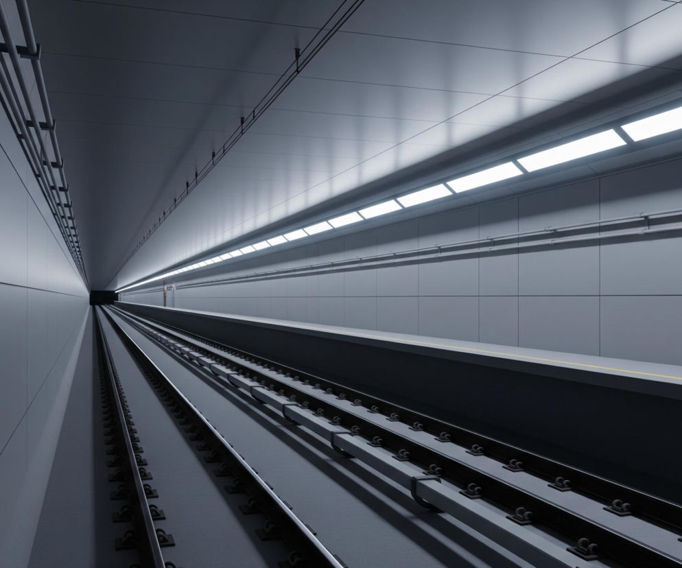 Korytarz metra jest szary, z dwoma torami kolejowymi biegnącymi w głąb tunelu. Białe, prostokątne lampy fluorescencyjne równomiernie oświetlają sklepienie tunelu, rzucając światło na boczne ściany, które posiadają poziome rury i panele. Po prawej stronie torów znajduje się podwyższony peron z żółtą linią bezpieczeństwa na krawędzi.