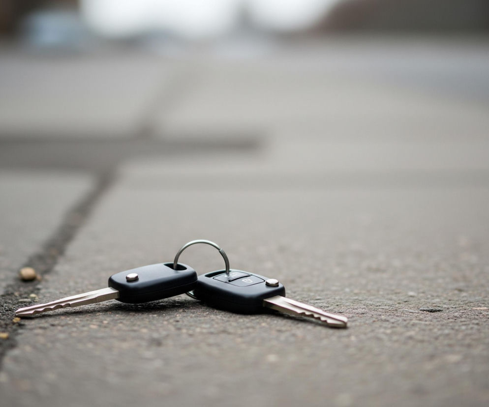Dwa samochodowe kluczyki, połączone metalowym kółkiem, leżą na szarym asfalcie. Są one czarne z metalowymi grotami i widać na nich drobne detale, takie jak przyciski. Asfalt ma nierówną teksturę, z widocznymi jasnymi i ciemnymi plamami, oraz przebiegającą przez niego ciemniejszą, lekko chropowatą linię. W tle znajduje się rozmyte otoczenie.