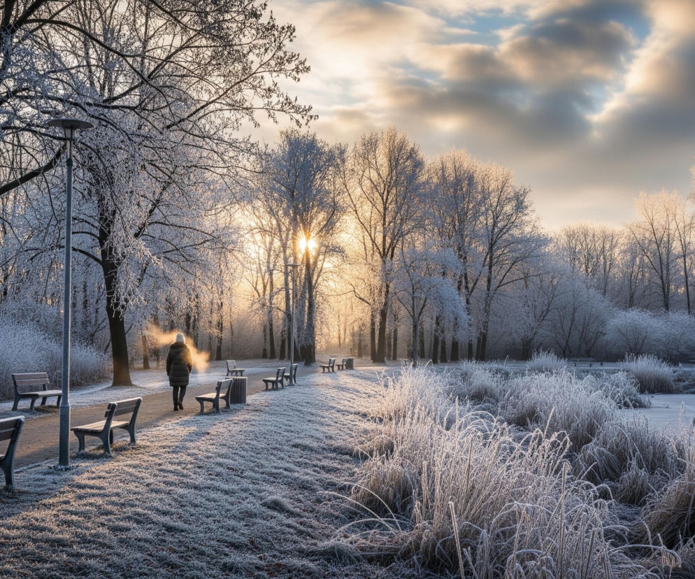 Pojedyncza postać idzie aleją w zimowym parku, otoczona drzewami i ławkami pokrytymi szronem. Promienie zachodzącego lub wschodzącego słońca przebijają się przez drzewa w oddali, rzucając długie cienie i oświetlając szron na trawie i roślinności. Niebo jest częściowo zachmurzone, z błękitnymi prześwitami. Po prawej stronie widać zamarznięty akwen z wystającymi z niego ośnieżonymi roślinami.
