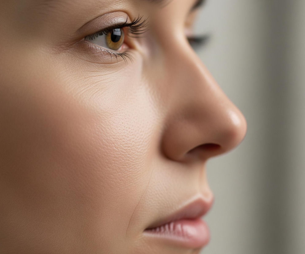 Zbliżenie przedstawia prawą stronę twarzy młodej osoby o jasnobrązowej karnacji, patrzącej w prawą stronę obrazu. Widoczne jest oko z brązową tęczówką i długimi, czarnymi rzęsami, lekko pomalowana powieka oraz fragment brwi. Ostrość skupia się na oku i nosie, natomiast tył głowy i fragment ust są delikatnie rozmyte. Tło jest jasnoszare i jednolite.