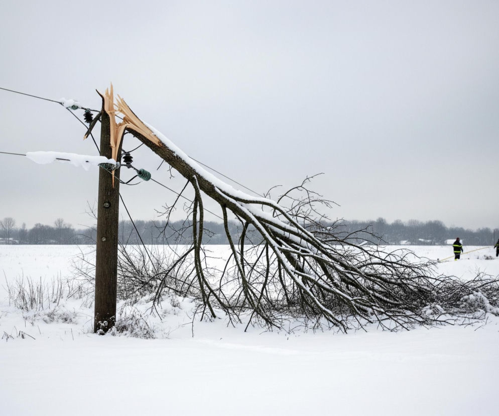 Pośrodku kadru, na zaśnieżonym polu, znajduje się złamany drewniany słup elektryczny z częścią pnia drzewa, opadającą w prawo. Słup ma widoczne izolatory i przewody, pokryte częściowo śniegiem, a złamanie ukazuje jasne drewno. Dwa osobnicy, ubrani w ciemne kurtki z żółtymi elementami odblaskowymi, stoją w oddali po prawej stronie, na tle linii drzew i kilku budynków. Całe pole jest pokryte grubą warstwą białego śniegu, a niebo jest jednolicie szare.