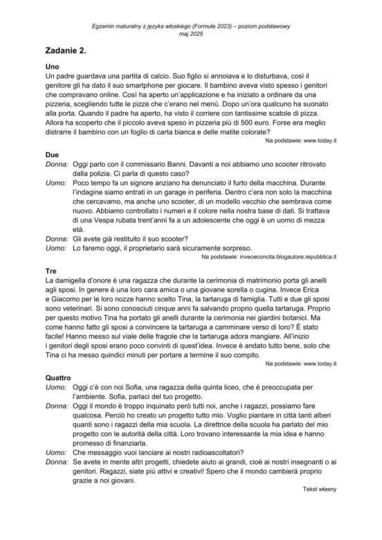 Matura 2025 włoski: ODPOWIEDZI do wszystkich zadań, gotowe rozwiązania matury z włoskiego - Formuła 2023 [7.05.2025]	