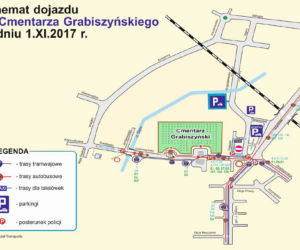 Schemat dojazdu komunikacją miejską do Cmentarza Grabiszyńskiego