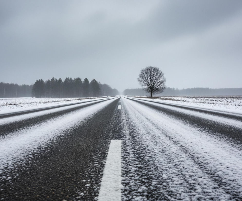 Czarna droga, pokryta nierównomiernie białym, puszystym śniegiem, biegnie prosto w głąb kadru, tworząc wyraźne, ciemne pasy tam, gdzie opony pojazdów stopiły śnieg. Po prawej stronie drogi widoczna jest biała, ciągła linia, a na horyzoncie, w centralnej części zdjęcia, samotne, bezlistne drzewo o rozłożystej koronie odznacza się na tle jasnoszarego nieba. Po lewej stronie drogi rozciąga się pas lasu iglastego i liściastego, natomiast po prawej stronie widać zaśnieżone pola uprawne. Całość otacza szare, pochmurne niebo, które zajmuje górną część obrazu.