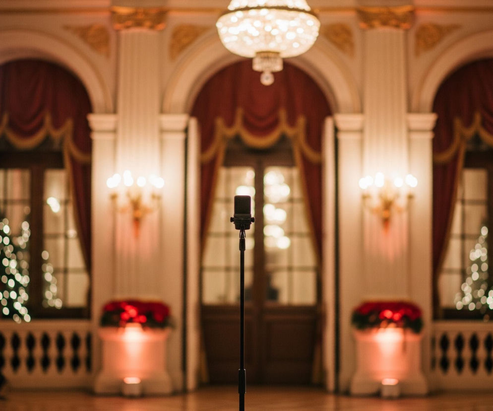 Centralnym elementem obrazu jest czarny mikrofon na wysokim, cienkim statywie, umieszczony na środku drewnianej podłogi. Tło przedstawia bogato zdobione wnętrze z trzema wysokimi, łukowatymi otworami: dwoma oknami po bokach i drzwiami na środku, wszystkie zakryte bordowymi zasłonami z złotymi frędzlami. Pomiędzy otworami znajdują się białe kolumny z ornamentalnymi, złotymi kapitelami.

Na oknach widoczne są rozświetlone choinki, a pod środkowymi oknami stoją dwa podświetlone na ciepły, czerwony kolor postumenty z czerwonymi dekoracjami. Sufit zdobi duży, kryształowy żyrandol, a po lewej stronie obrazu na pierwszym planie stoi statyw z trzema reflektorami, emitującymi białe i zielone światło. Całość oświetlona jest ciepłym, nastrojowym światłem, nadającym wnętrzu uroczysty charakter.