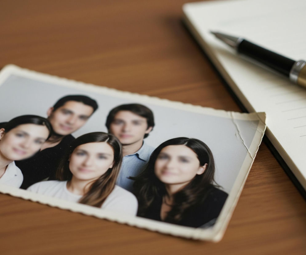 Na drewnianym stole leży prostokątne, nieco wyblakłe zdjęcie przedstawiające grupę pięciu osób, głównie w górnej części kadru. Postacie na zdjęciu mają rozmyte twarze, a ich fryzury i odzież są wyraźniejsze, z dominującymi kolorami czerni, bieli i błękitu. Obok zdjęcia, po prawej stronie, leży otwarty notatnik z gładkimi, kremowymi kartkami w linie oraz długopis z czarnym korpusem i złotą skuwką. Całość ułożona jest na drewnianej powierzchni w kolorze średniego brązu, widocznej jako tło.