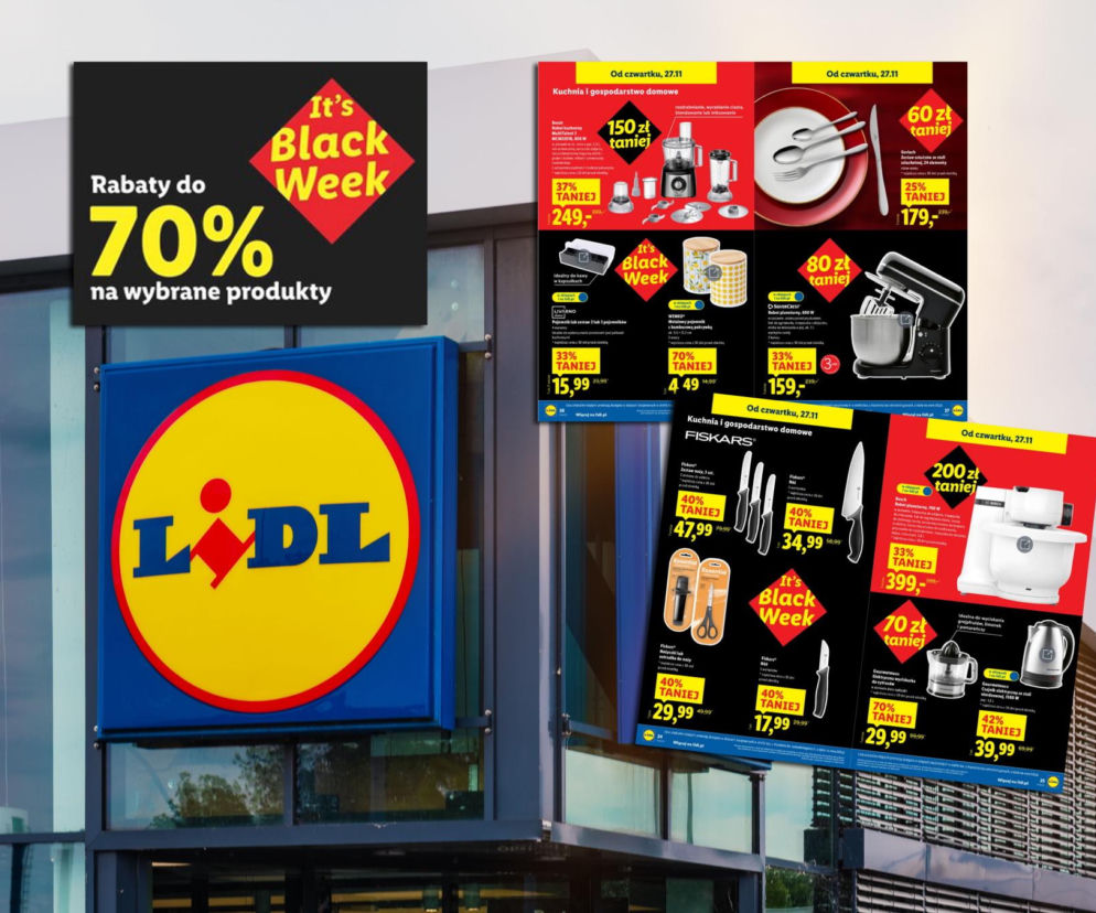 Logo sklepu Lidl na tle budynku, obok baner z napisem It's Black Week i informacją o rabatach do 70%. Na tle drzwi do sklepu reklamy z produktami AGD, takimi jak robot planetarny, sztućce Gerlach, noże Fiskars i pojemniki, dostępne w ramach promocji Black Week w Lidlu, o których przeczytasz na Super Biznes.