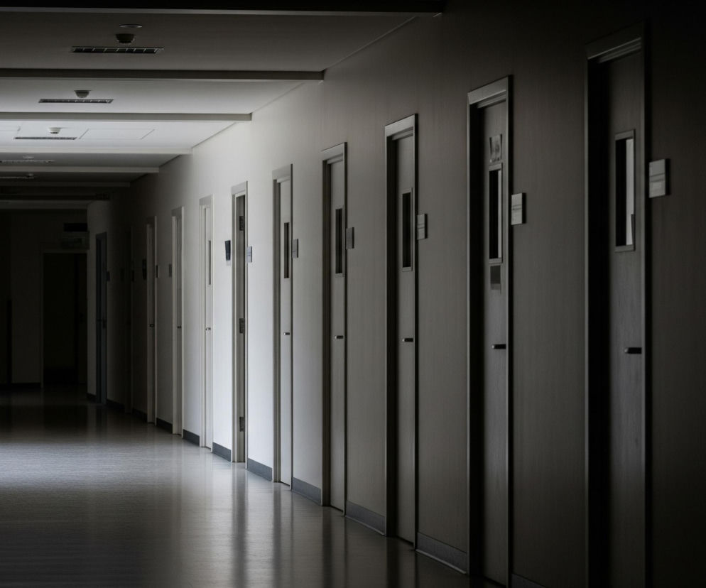 Długi, wąski korytarz rozciąga się w głąb obrazu, stopniowo zanikając w ciemności. Lewa ściana, oświetlona silnym, białym światłem, jest prawie niewidoczna, podczas gdy prawa strona, z rzędem zamkniętych drzwi, jest znacznie ciemniejsza, pokryta głębokimi cieniami. Na suficie, biegnącym równolegle do korytarza, widać panele oświetleniowe i czujniki dymu. Podłoga odbija światło, tworząc długie, rozmazane refleksy.