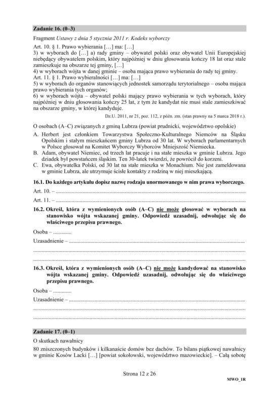 Matura: WOS. Zadania z 2018 ROKU,  akusze CKE