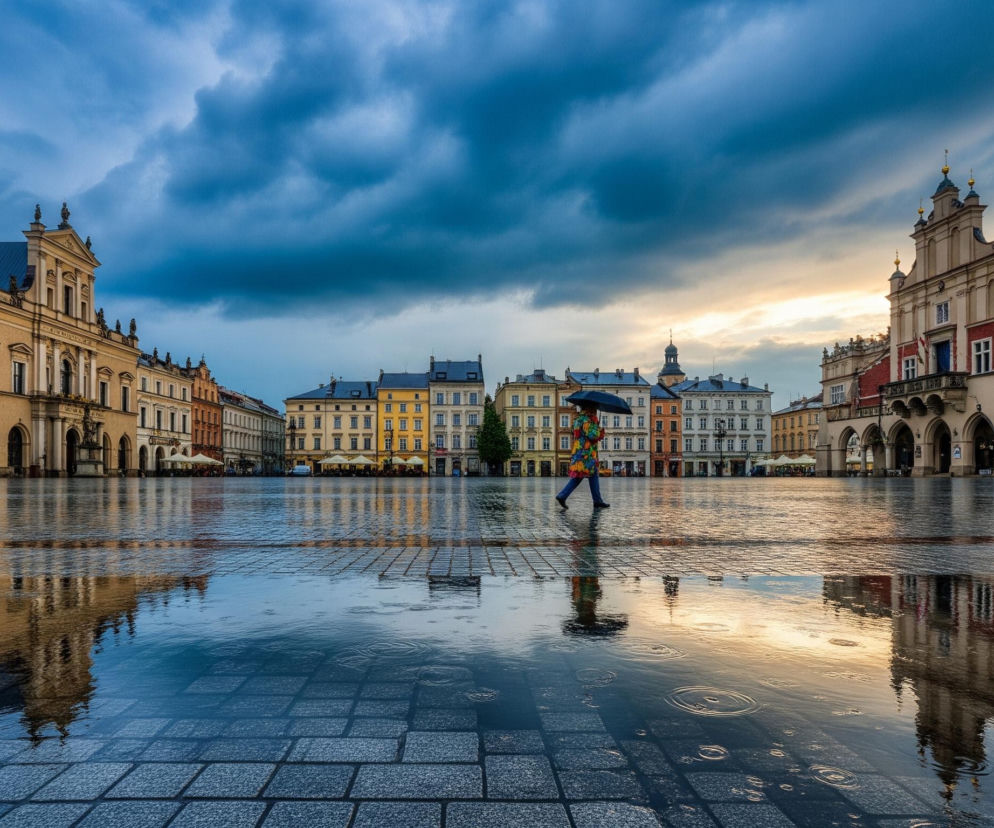 Na dużym, mokrym placu wyłożonym kostką brukową widoczna jest samotna osoba, idąca od lewej do prawej strony kadru, trzymająca czarny parasol. Osoba ubrana jest w kolorową, wielobarwną kurtkę, odbijającą się w kałużach. Po obu stronach placu rozciąga się rząd starych, kamienic o różnokolorowych fasadach, z arkadowymi podcieniami na parterze, tworzącymi architektoniczną ramę. Na niebie dominują ciężkie, ciemne chmury, ale w prawym górnym rogu przebija się pas jasnego, złotego światła. Mokra nawierzchnia placu intensywnie odbija kolory nieba i budynków, tworząc liczne refleksy i kręgi na wodzie.