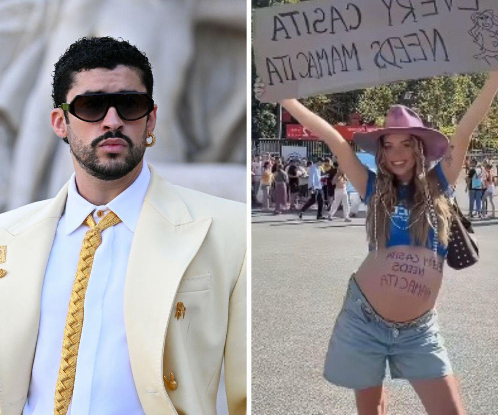 Muzyk Bad Bunny. Obok influencerka Rozalia Roszyk z napisem na brzuchu trzyma transparent. O koncercie przeczytasz w Eska.