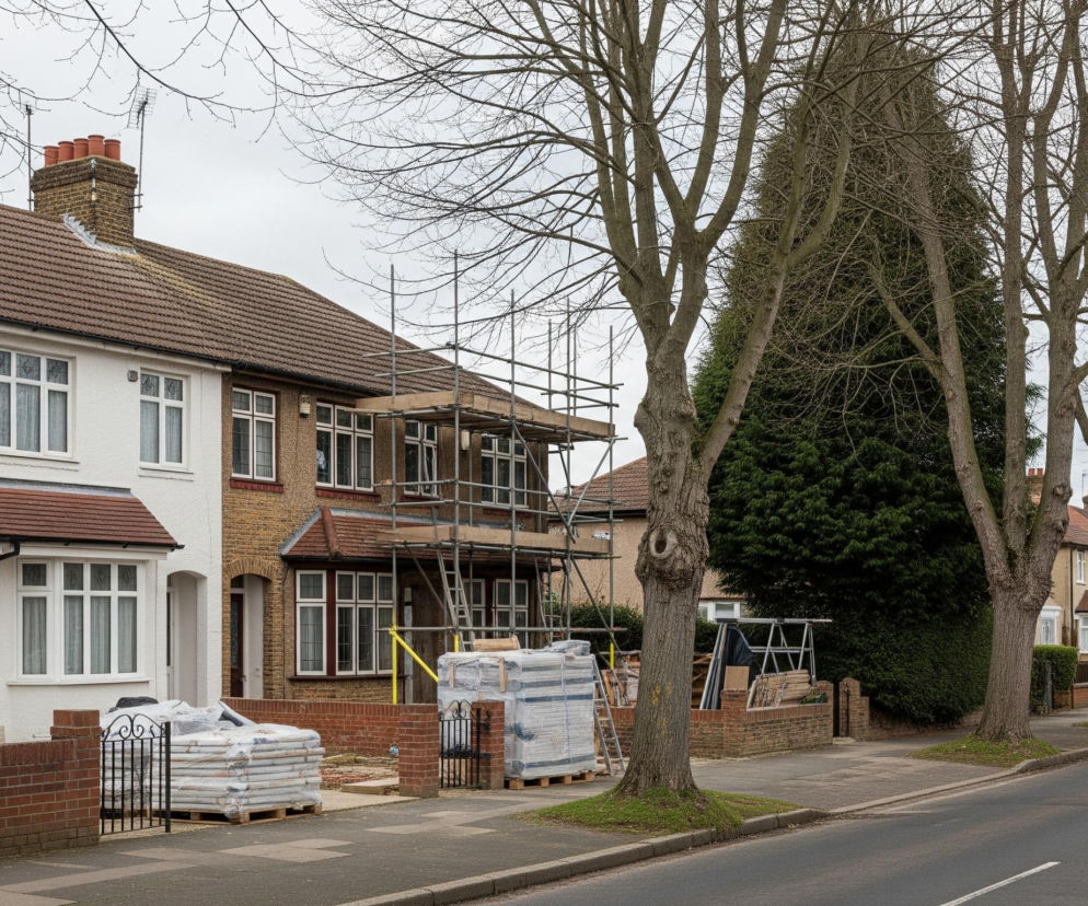 Ulica z rzędem domów po lewej stronie i chodnikiem oraz drogą po prawej, wypełnia kadr. Dwa domy w centrum są częściowo zakryte rusztowaniami i paletami z materiałami budowlanymi; jeden z nich ma białą elewację, drugi brązową, oba z ceglanymi dachówkami. Wzdłuż chodnika rosną wysokie, bezlistne drzewa z szarymi pniami, a w tle widać szereg podobnych domów i więcej drzew. Szare, zachmurzone niebo dominuje w górnej części obrazu.