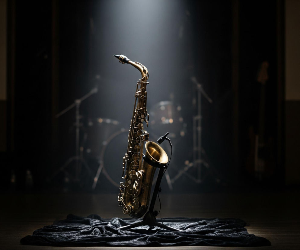 Na środku sceny, w silnym snopie światła, stoi złoty saksofon sopranowy na czarnym statywie. U podstawy statywu leży pomarszczona, ciemna tkanina. Tło jest ciemne, z ledwo widocznymi, zamazanymi kształtami innych instrumentów muzycznych, takich jak perkusja i gitara, znajdujących się w cieniu za saksofonem. Scena ma drewnianą podłogę, a ogólny nastrój jest mroczny i nastrojowy.