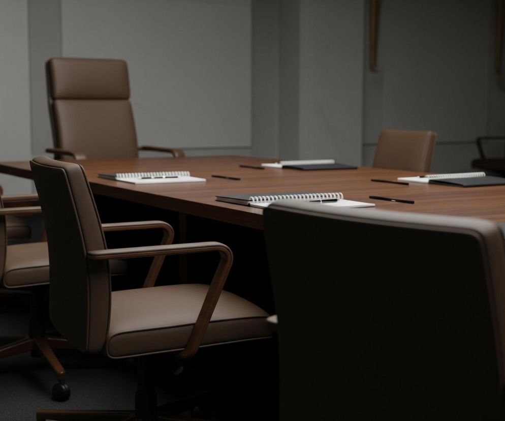 W centrum obrazu znajduje się długi, owalny, drewniany stół konferencyjny w kolorze ciemnego brązu. Wokół stołu ustawione są beżowo-brązowe fotele biurowe z podłokietnikami i kółkami, częściowo obite skórą lub podobnym materiałem, stojące na ciemnoszarym dywanie. Na stole, w różnych miejscach, leżą otwarte lub zamknięte notatniki z białymi kartkami i spiralnymi grzbietami oraz pojedyncze czarne długopisy. W tle widoczne są szare ściany i ciemnobrązowe drzwi z delikatną złotą klamką.