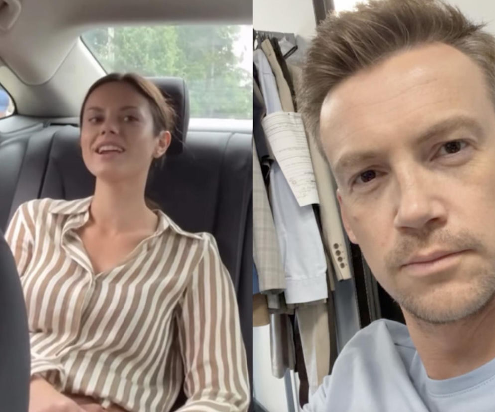 Kasia z M jak miłość w aucie, obok na wstawce Jakub Karski. O losach bohaterów przeczytasz na SE Superseriale.