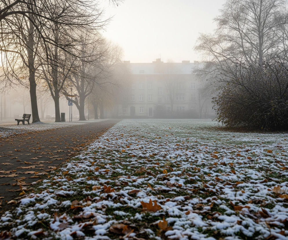 Na pierwszym planie widać trawnik pokryty cienką warstwą śniegu i rozsypanymi, suchymi, brązowymi liśćmi. Obok trawnika biegnie chodnik z kostki brukowej, również usłany liśćmi, a dalej droga asfaltowa. Po lewej stronie chodnika rośnie rząd wysokich, bezlistnych drzew z ciemnymi pniami, a między nimi widoczna jest latarnia uliczna i ławka. W tle, za drzewami i mgłą, rysuje się zamazany zarys kilkupiętrowego budynku o jasnej elewacji z licznymi oknami. Całość otacza gęsta, biała mgła, która rozmywa horyzont i nadaje scenerii mglisty, zimowy charakter.