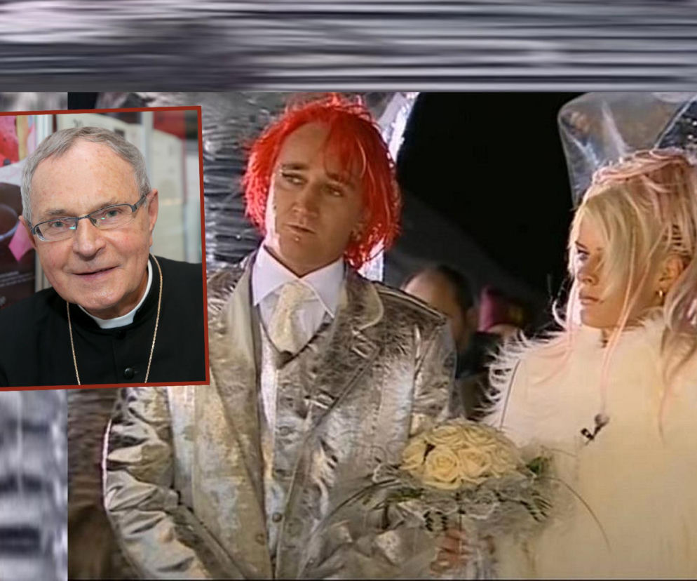 Michał Wiśniewski i Mandaryna podczas ślubu. Na wstawce bp Antoni Długosz. O ich relacji przeczytasz w SE.