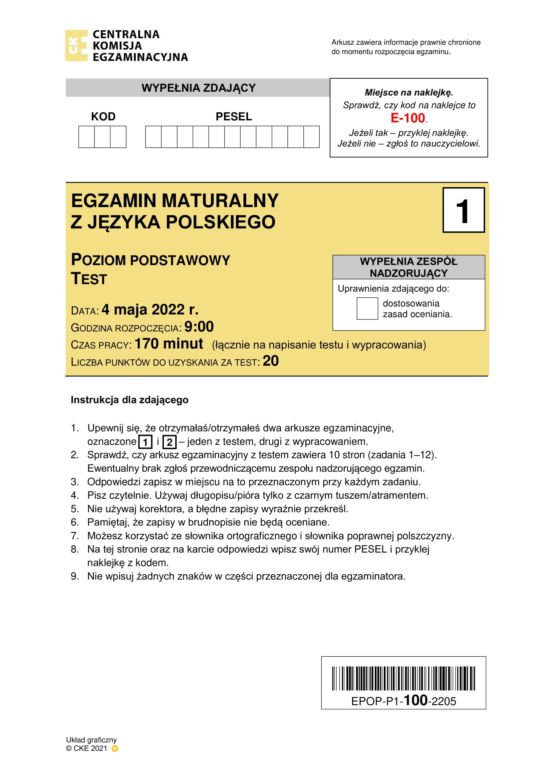 Matura 2022: polski. Arkusze odpowiedzi, pytania CKE. Poziom podstawowy 
