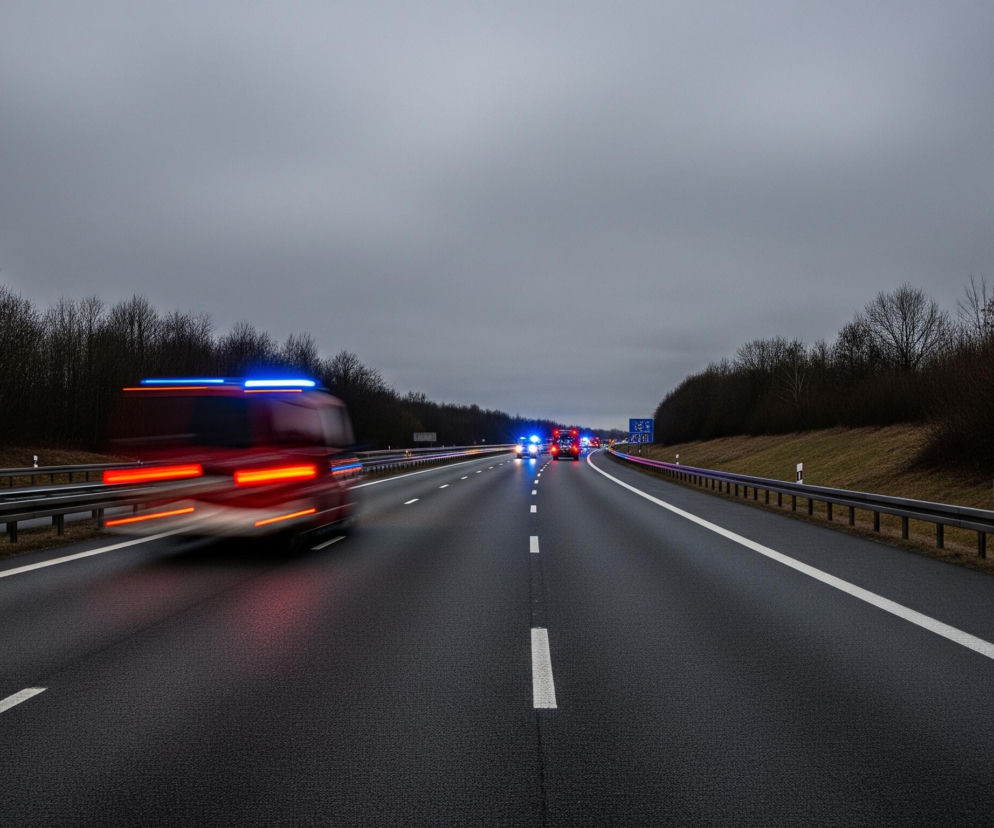 Czerwony pojazd uprzywilejowany z migającymi niebieskimi światłami pędzi autostradą w lewą stronę, tworząc efekt rozmycia ruchu. Autostrada, z dwoma pasami w każdym kierunku, oddzielona jest pasem zieleni z drzewami. Po obu stronach drogi znajdują się barierki energochłonne, a tło wypełnia pochmurne, szare niebo. W oddali, na prawym pasie, widać inne pojazdy również z włączonymi niebieskimi światłami, sugerując kolumnę interwencyjną.