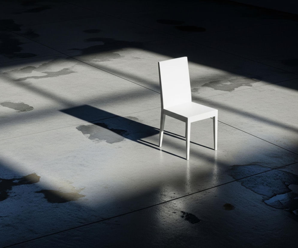 Centralnym elementem obrazu jest białe, proste krzesło stojące na jasnej, betonowej podłodze. Krzesło rzuca długi, ciemny cień w prawo, a jego powierzchnia jest oświetlona silnym, naturalnym światłem padającym z lewej strony, tworzącym również prostokątne pasy światła i cienia na podłodze. Podłoga pokryta jest nieregularnymi, ciemnymi plamami wyglądającymi jak kałuże wody, które odbijają światło, szczególnie widoczne w ciemniejszych partiach obrazu. Całe pomieszczenie jest zanurzone w kontraście między jaskrawym światłem a głębokim cieniem.