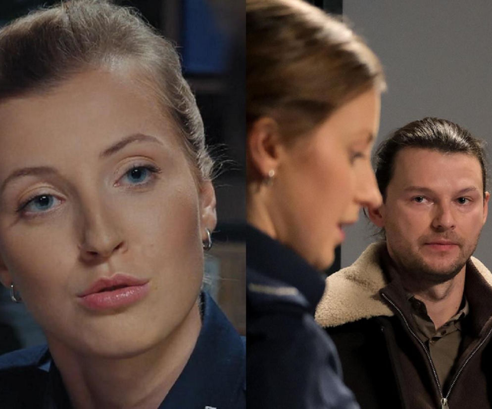 Dwa zbliżenia. Po lewej stronie Dominika Suchecka jako Natalka Mostowiak w mundurze policyjnym, patrząca w lewo, z rozchylonymi ustami. Po prawej stronie widać Natalkę Mostowiak z profilu oraz Mateusza Kościukiewicza jako Mikołaja Lipińskiego, patrzącego wprost. Więcej o ich losach na Super Seriale.