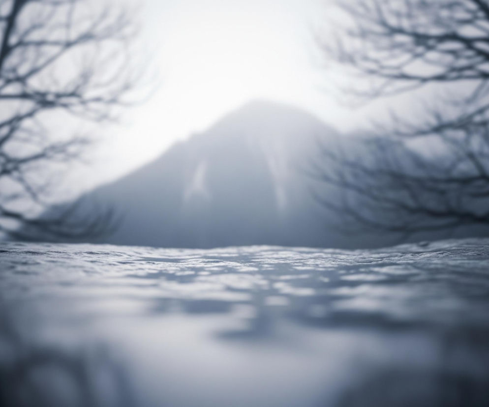 Na pierwszym planie widoczna jest rozmyta, ciemna powierzchnia, która stopniowo przechodzi w obszar ostrego obrazu, ukazując teksturę przypominającą lód lub zmrożoną wodę. W tle, dominuje duża, rozmyta, jasna góra lub wzniesienie, otoczone mgłą. Po obu stronach góry, z lewej i prawej strony kadru, widać bezlistne drzewa z ciemnymi, poskręcanymi gałęziami, również rozmyte i częściowo przysłonięte mgłą. Całość utrzymana jest w chłodnej palecie barw, dominują odcienie szarości i błękitu, z jasnym, prawie białym punktem w centrum górnej części obrazu.
