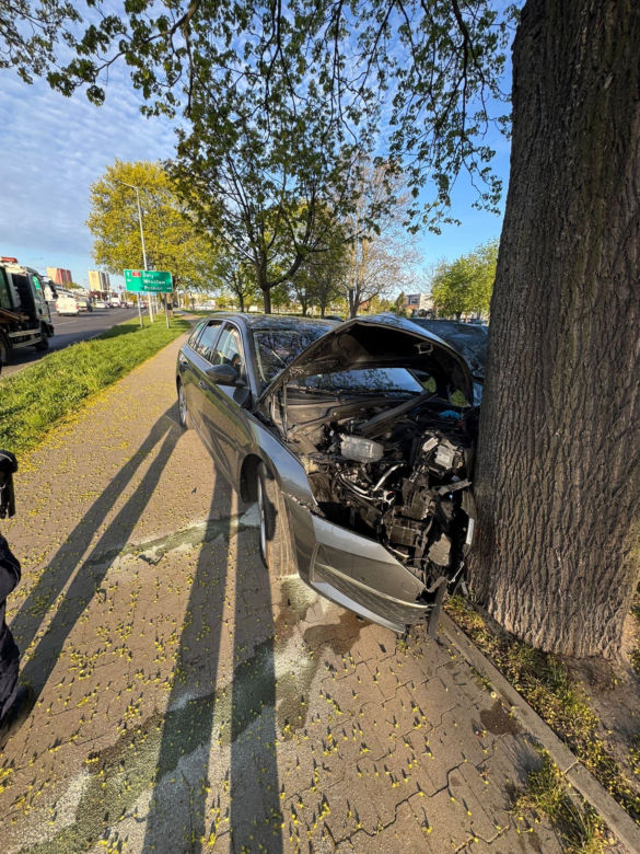 Poranny wypadek w Lesznie. Kierowca osobówki uderzył w drzewo