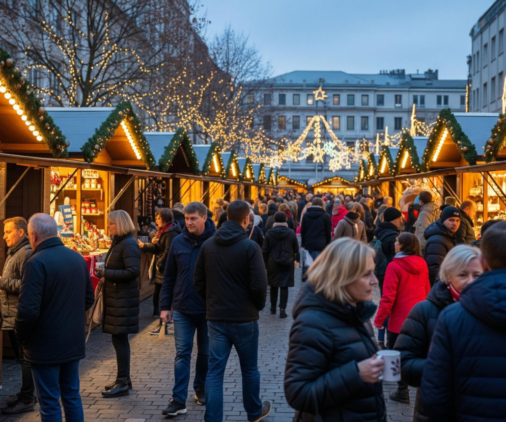 Uliczny targ o zmierzchu przedstawia drewniane budki rozmieszczone w dwóch rzędach, oświetlone ciepłym światłem żarówek i girlandami z iglastych gałęzi. Na straganach widoczne są świąteczne dekoracje i towary, przy których gromadzą się ludzie w zimowych kurtkach. W tle majaczą budynki miejskie oraz drzewa udekorowane mnóstwem małych, świecących lampek, a nad ulicą zawieszone są większe, świetlne ozdoby w kształcie gwiazd i płatków śniegu.