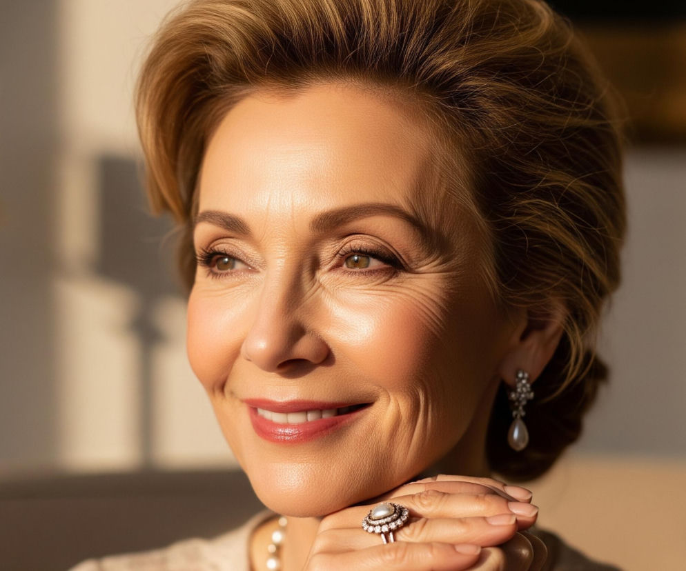 Centralnym elementem jest uśmiechnięta kobieta z jasnobrązowymi włosami, spiętymi do tyłu, o skórze o ciepłym odcieniu. Ma na sobie perłowy naszyjnik i perłowe kolczyki z ozdobnymi elementami oraz pierścionek z perłą otoczoną małymi kamieniami. Kobieta opiera głowę na splecionych dłoniach, a na jej twarzy widoczne są zmarszczki mimiczne wokół oczu i ust. Scena jest skąpana w ciepłym, bocznym świetle, które tworzy wyraźne cienie na ścianie w tle oraz podkreśla rysy twarzy kobiety.