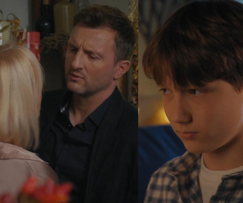 Dwudzielne ujęcie, gdzie po lewej Dorota (Iwona Rejzner) odwrócona tyłem i Bartek (Arkadiusz Smoleński) w ciemnej koszuli z marynarką, po prawej Franek (Jarosław Śmigielski) w kratę. Postacie wyrażają skupienie i niepokój, ilustrując trudne relacje w serialu M jak miłość. Więcej na temat tej historii w Super Seriale.