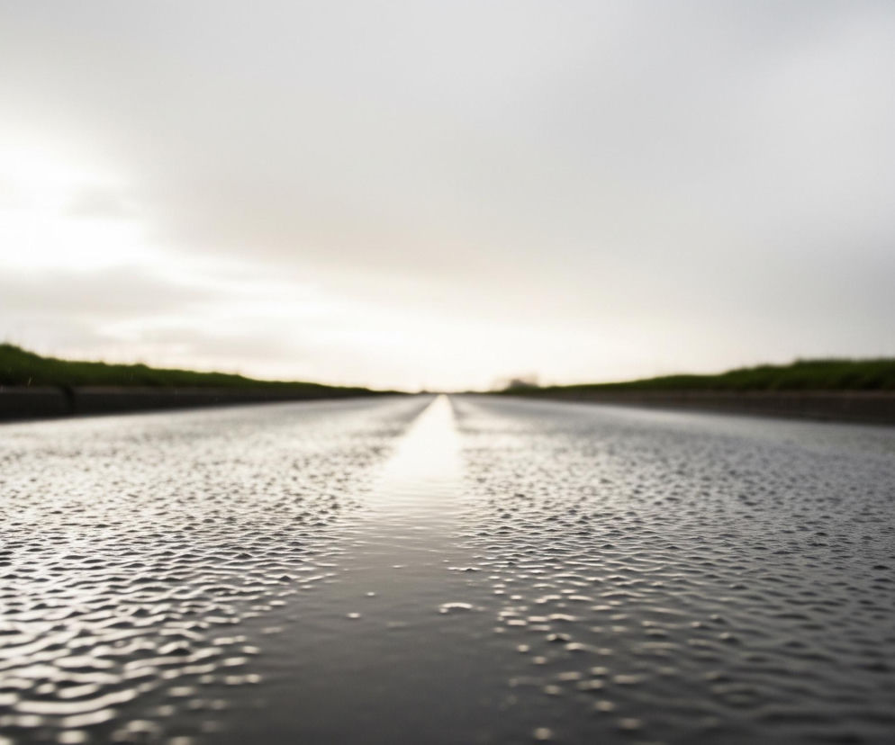 Mokry asfaltowy pas drogi z wyraźną, jasną linią środkową, biegnącą w dal, dominuje na pierwszym planie i w centrum kadru. Powierzchnia asfaltu jest pokryta niezliczonymi, drobnymi kroplami wody, które odbijają światło, tworząc nieregularne, błyszczące punkty. Po obu stronach drogi rozciągają się ciemnozielone pasy trawiastego pobocza, częściowo rozmyte, z niewyraźną linią horyzontu. Ponad drogą i poboczami widnieje jasne, zachmurzone niebo w odcieniach bieli i szarości, z intensywnym, rozświetlonym punktem słońca po lewej stronie, lekko spowitym chmurami.
