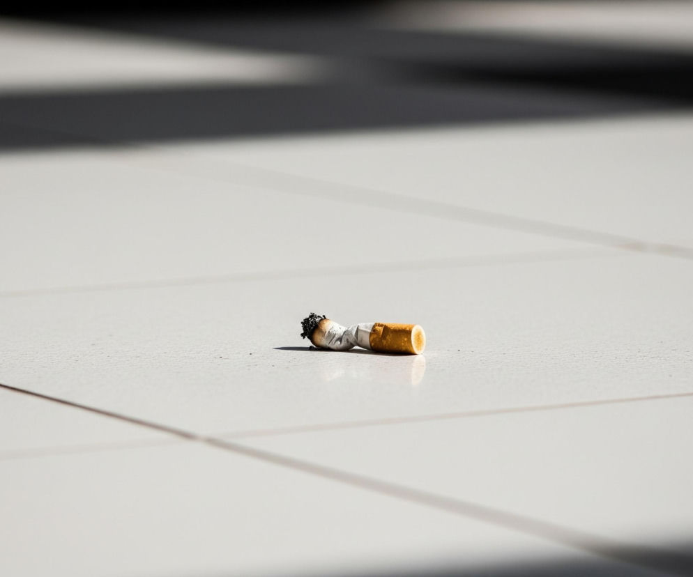 Na pierwszym planie leży niedopałek papierosa na jasnej, brukowanej powierzchni. Jest on częściowo zgnieciony, z brązowym filtrem skierowanym w prawą stronę i resztkami spalonego tytoniu na końcu. Podłoże składa się z kwadratowych płytek o jasnej, niemal białej barwie, oddzielonych ciemnymi fugami, tworzącymi prostokątny wzór. Górna część obrazu jest rozmyta i ciemniejsza, z widocznymi poziomymi, szarymi pasami, prawdopodobnie będącymi cieniem.