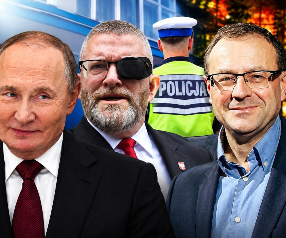 Władimir Putin, Grzegorz Braun i Antoni Dudek na tle policjanta i szkoły. O bezpieczeństwie przeczytasz na SE Polityka.