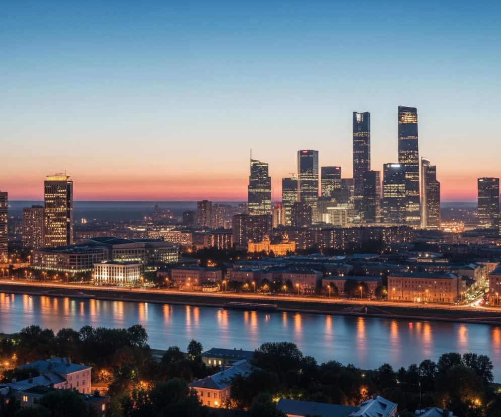 Miasto oświetlone jest nocnymi światłami, rozciągające się po obu stronach rzeki. W tle dominują liczne, wysokie wieżowce, których okna świecą jasno, tworząc mozaikę złotych punktów na tle ciemniejącego nieba. Rzeka odzwierciedla blask miejskich świateł, tworząc pomarańczowe i żółte smugi na swojej powierzchni, a wzdłuż jej brzegów widoczne są ruchliwe drogi z wyraźnymi smugami świateł samochodowych. Na pierwszym planie po lewej stronie znajduje się kościelna wieża z zielonym dachem i białą elewacją.