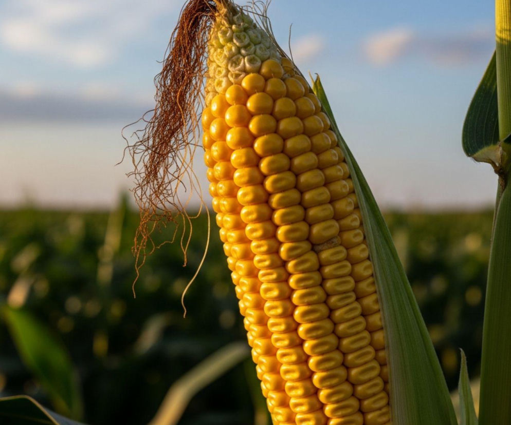 Zbliżenie na żółtą kolbę kukurydzy z zaschniętymi włoskami, częściowo zakrytą zielonymi liśćmi, na tle zamazanego pola i błękitnego nieba. Artykuł na Super Biznes informuje o nowej odmianie kukurydzy DKC3152 obniżającej koszty suszenia.
